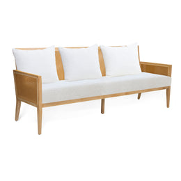 Wooden outdoor sofa with white cushions on a white background