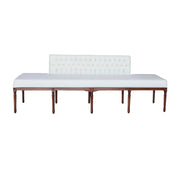 Beige Velvet tufted bench with wooden legs on a white background