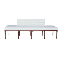 Beige Velvet tufted bench with wooden legs on a white background