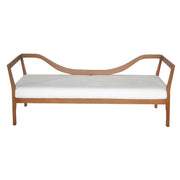 Wooden bench with white cushion on a white background