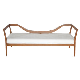 Wooden bench with white cushion on a white background