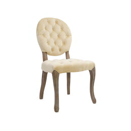 Moments rentals Beige upholstered chair with wooden legs on a white background