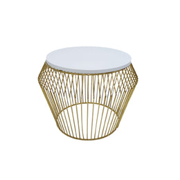Gold wireframe side table with white marble top on a white background