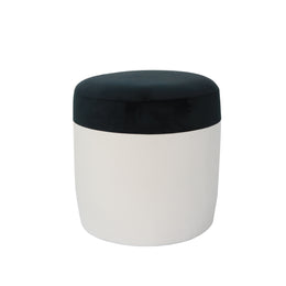 Round ottoman with black top and white base on a white background