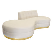 Modern Beige Velvet sofa with gold Base accents on a white background