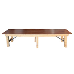 Wooden table with a dark brown top and light wooden legs on a white background