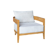 Wooden armchair with white cushions on a white background