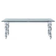 A modern console table featuring a clear glass rectangular top supported by ornate, sculptural glass legs with a fluted, baroque-inspired design.