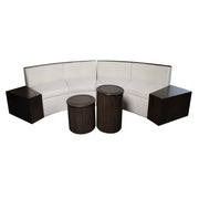 Curved sectional sofa with dark wood bases and white cushions, accompanied by two cylindrical dark wood tables on a white background.