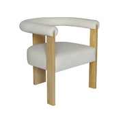 Chair with beige cushioned seat and backrest on a wooden frame against a white background