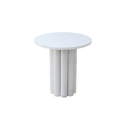 White stone Round table with a white top and textured cylindrical base on a white background