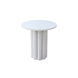 White stone Round table with a white top and textured cylindrical base on a white background