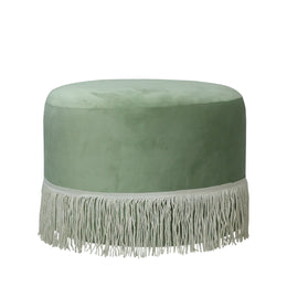Eucalyptus Green ottoman Pouf with fringe on a white background