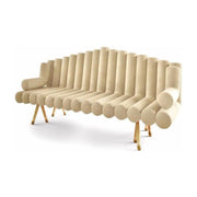 Beige curved sofa with wooden legs on a white background