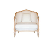 A classic French-style armchair with a light natural wood frame and off-white upholstered cushions, including a matching back cushion, shown against a plain white background.