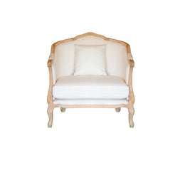 A classic French-style armchair with a light natural wood frame and off-white upholstered cushions, including a matching back cushion, shown against a plain white background.