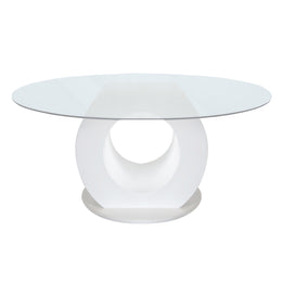 Giovanni White Dinning Table with O Shape Base | Modern Round Clear Glass Dinning Table
