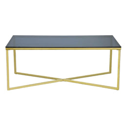 Coffee table with black glass top and gold metal frame on a white background