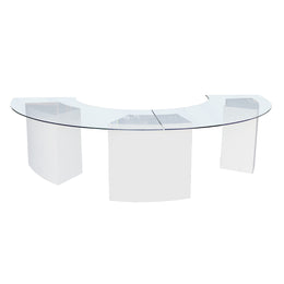 Clear glass dining table with white legs on a white background