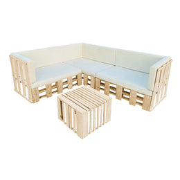Wooden outdoor furniture set with light cushions on a white background