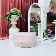 Large Ottoman Velvet Pink Pouf | Round Pink Ottoman with Fringe