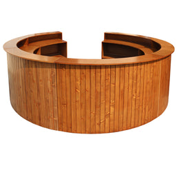 Wooden reception desk with curved design on a white background