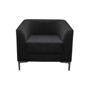 A modern black upholstered armchair with a square backrest and slim angled metal legs, shown against a plain white background.