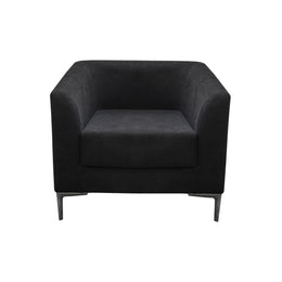 A modern black upholstered armchair with a square backrest and slim angled metal legs, shown against a plain white background.