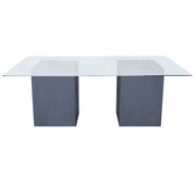 Glass desk with gray legs on a white background - Moments Rentals
