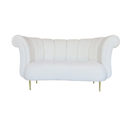 Beige sofa with gold legs on a white background