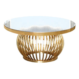 Gold metal table with a white glass top on a white background