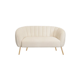 Beige sofa with gold legs on a white background