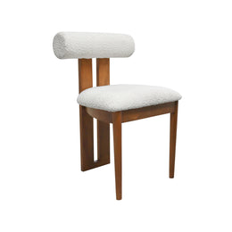 Wooden chair with white cushioned seat and backrest on a white background