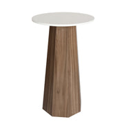 Round cocktail table with a white top and wooden base on a white background