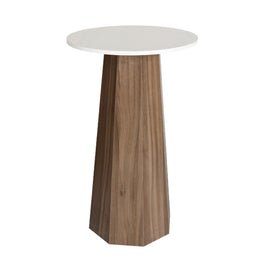 Round cocktail table with a white top and wooden base on a white background