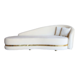 Beige Velvet Bridal Sofa with gold trim on a white background