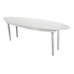 White oval table with turned legs on a white background moments rentals