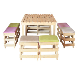 Picnic Wooden table and bench set with colorful cushions on a white background