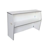 A white two-tier display shelf with a glass top and silver metal trim, shown on a plain white background.