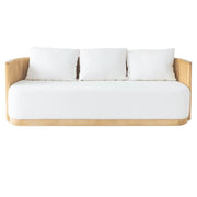 Sofa with white cushions and wooden frame on a white background