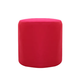 A cylindrical ottoman or pouf in a vibrant magenta-pink color.