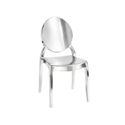 A modern translucent acrylic dining chair with a circular backrest and curved seat, shown on a plain white background.