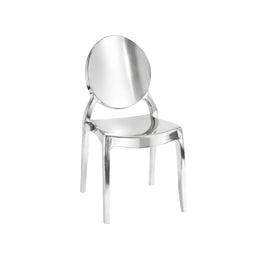 A modern translucent acrylic dining chair with a circular backrest and curved seat, shown on a plain white background.