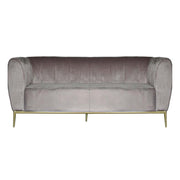Gray velvet sofa with gold legs on a white background