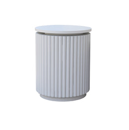 A modern cylindrical side table with a fluted vertical ribbed body and a flat circular top, shown in a light gray color on a plain white background.