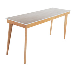 Rectangular table with a light wood frame and white marble-like top on a white background