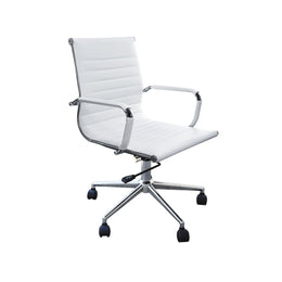 A modern white faux-leather office chair with a high ribbed backrest, chrome armrests, and a five-star swivel base with black casters.