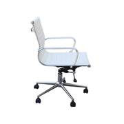 A modern white office chair with a high back, white faux leather upholstery, chrome metal armrests and base, and black casters, shown from a side profile.