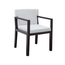 A modern armchair with a dark brown wooden frame and white upholstered seat and back cushions, shown on a plain white background.