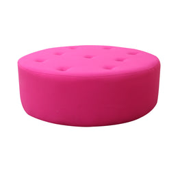 Pink ottoman with button tufting on a white background